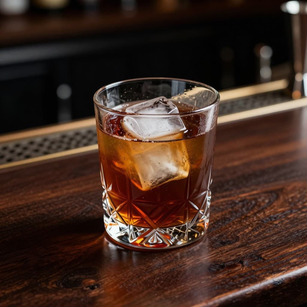 A Black Russian cocktail in an old fashioned glass