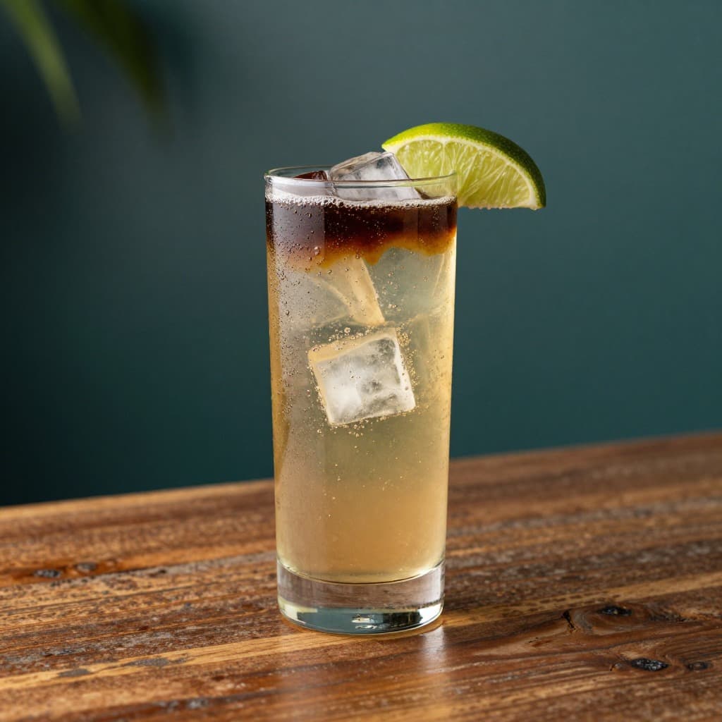 A Dark ‘N’ Stormy cocktail in a highball glass