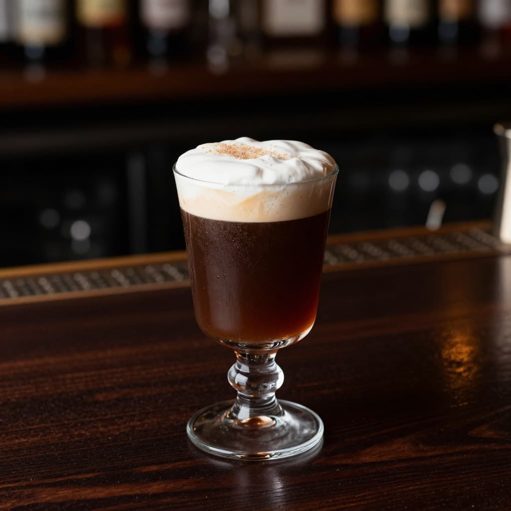 An Irish Coffee cocktail in an Irish coffee glass