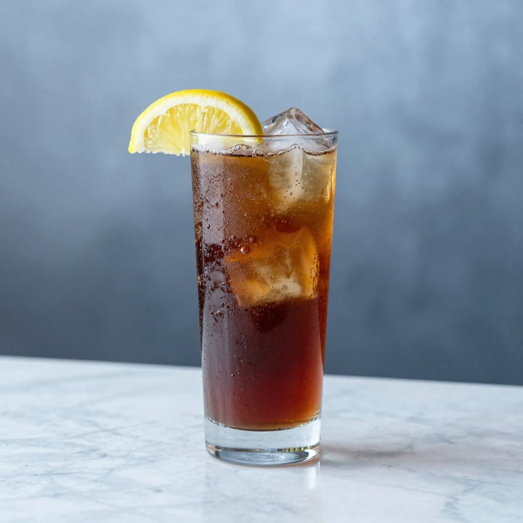 A Long Island Iced Tea cocktail in a highball glass