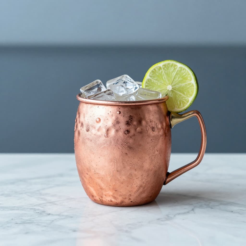 A Moscow Mule cocktail in a copper mug