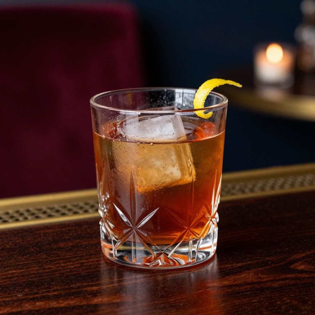 A Sazerac cocktail in an old fashioned glass